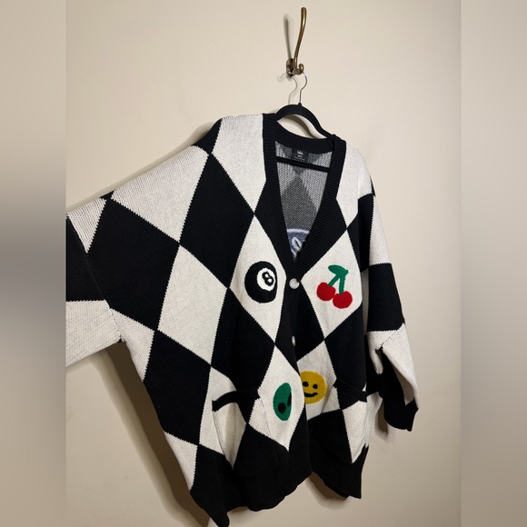 Dressed in Lala Icon Behavior Patched Oversized Cotton Blend Cardigan - Picture 7 of 10